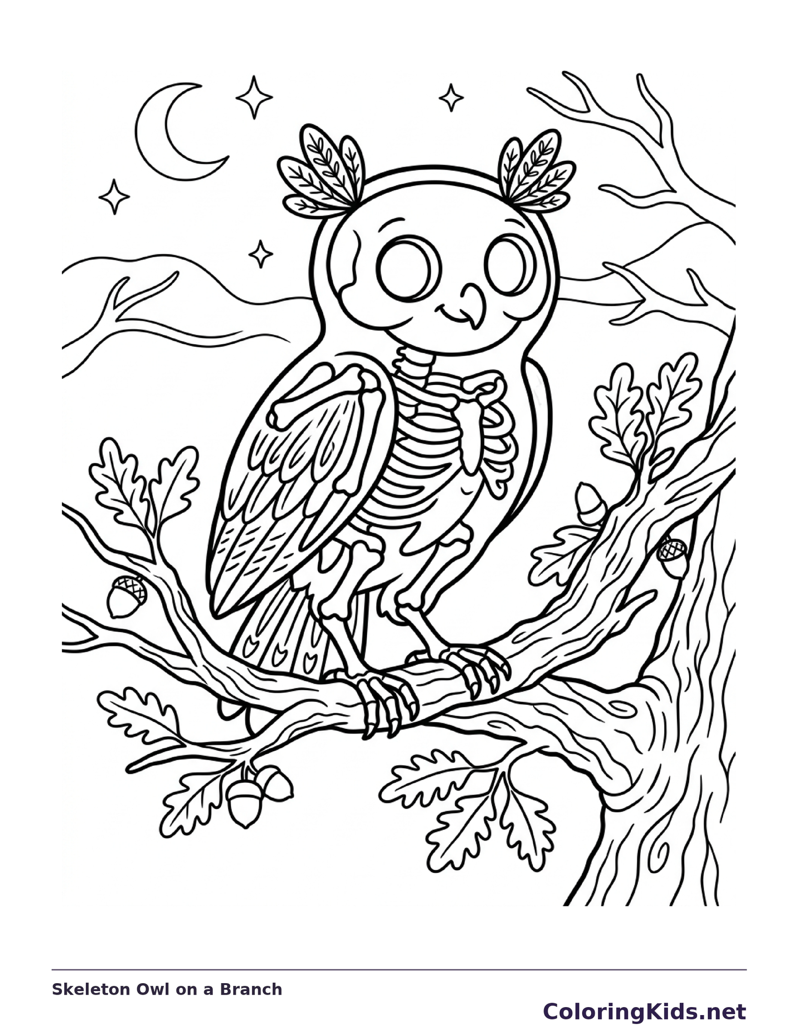 Black and white printable skeleton owl on a branch coloring sheet