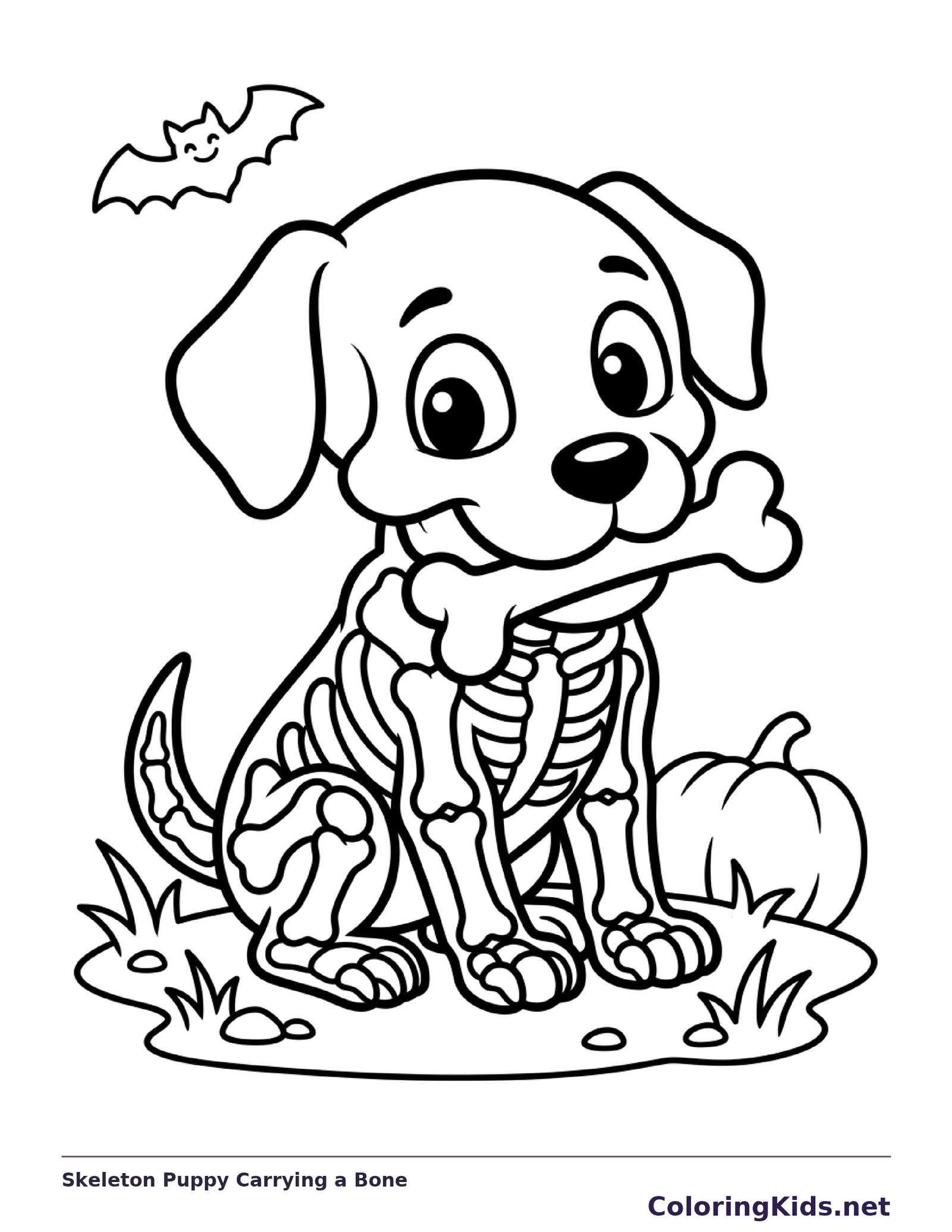 Black and white printable skeleton puppy carrying a bone coloring sheet