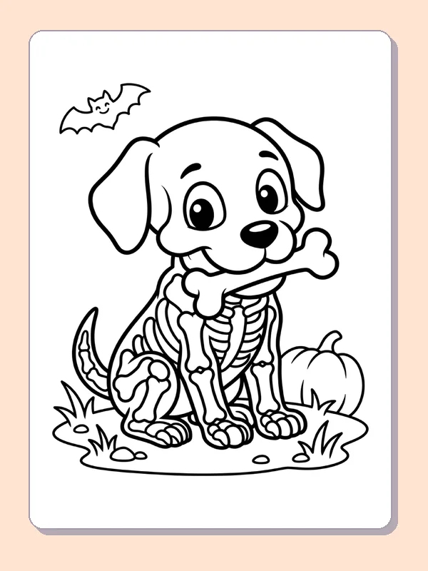 Black and white printable skeleton puppy carrying a bone coloring sheet