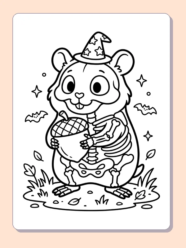 Black and white printable skeleton squirrel holding an acorn coloring sheet
