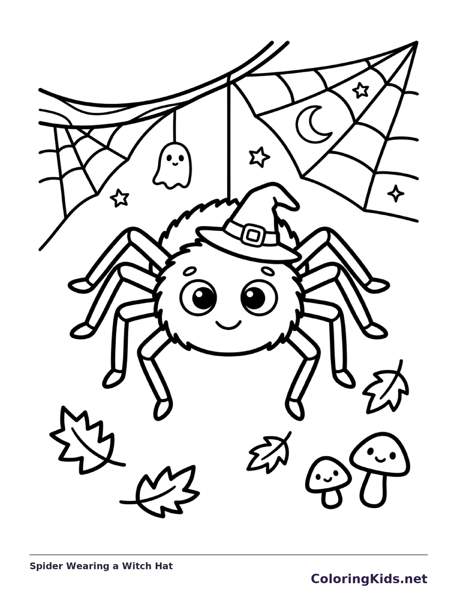 Black and white printable spider wearing a witch hat coloring sheet