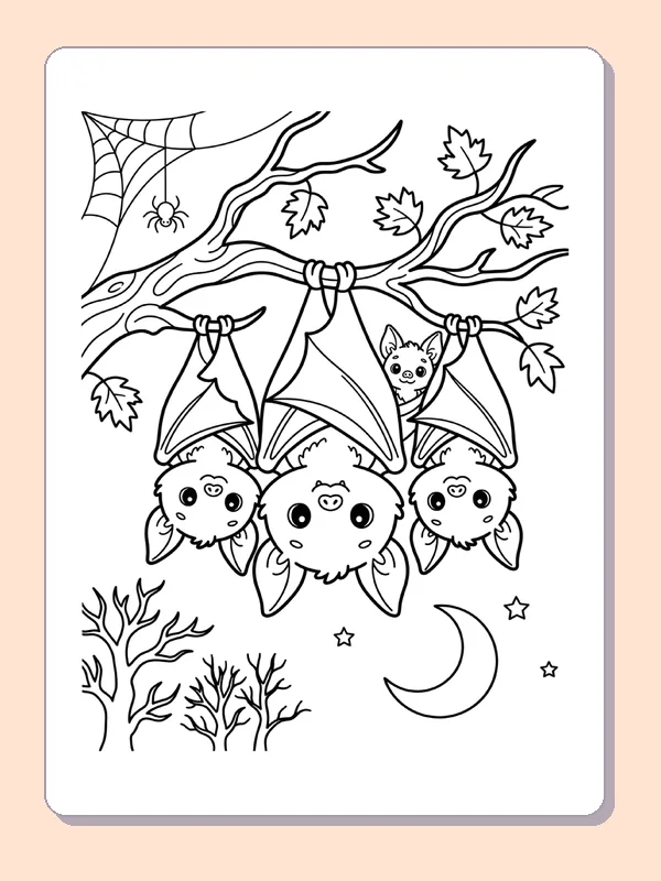 Black and white printable three bats hanging from a branch coloring sheet