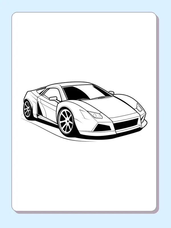 Black and white printable angular front sports car coloring sheet