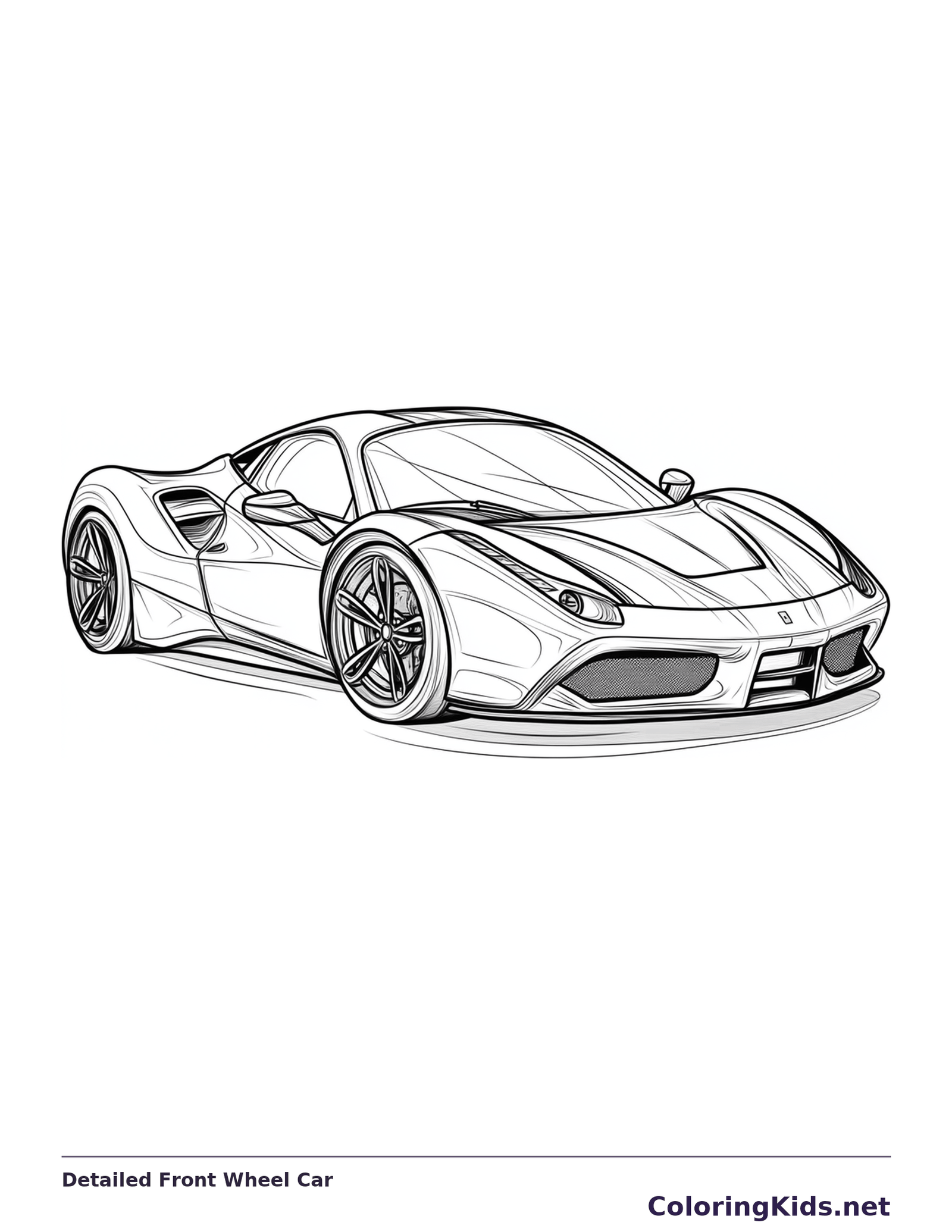 Black and white printable detailed front wheel car coloring sheet