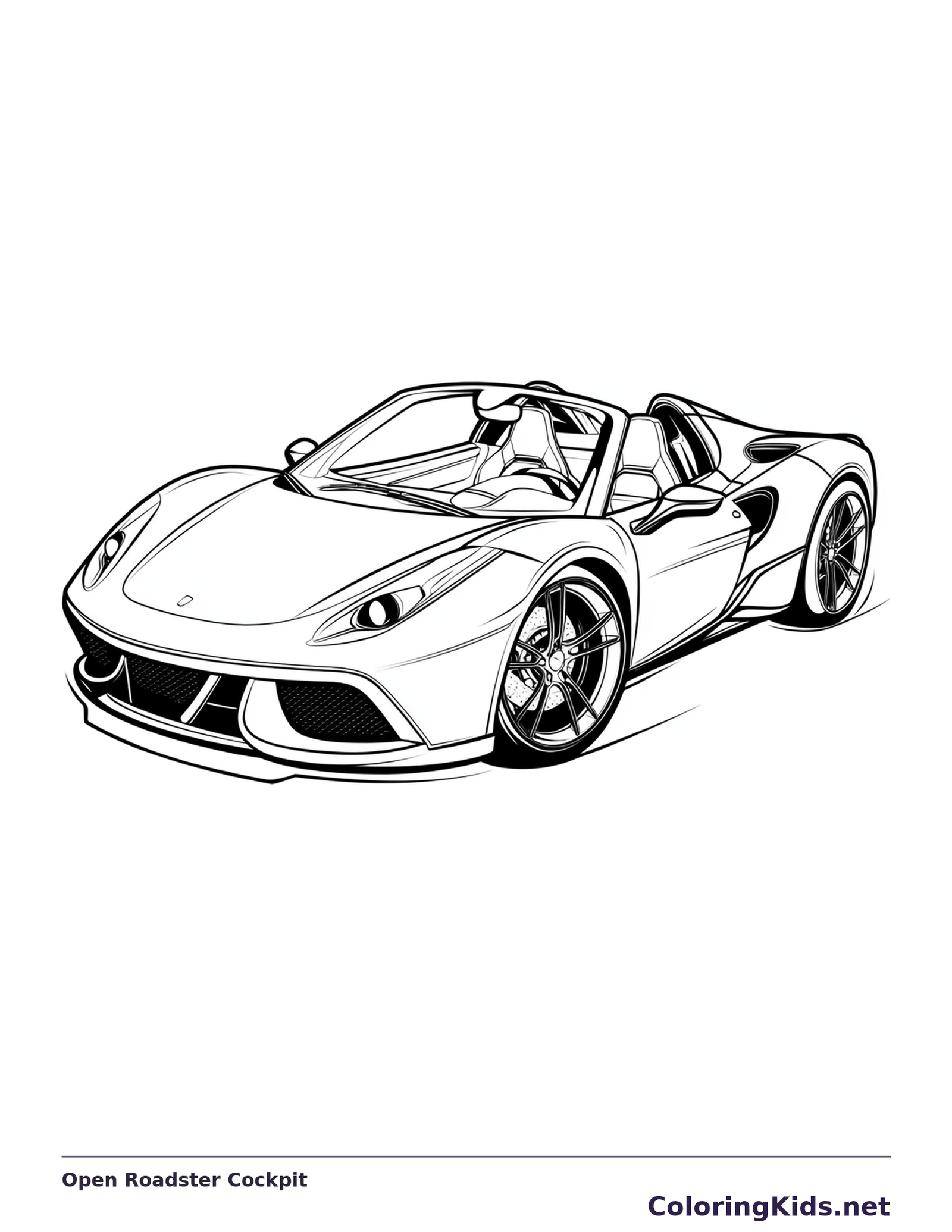 Black and white printable open roadster cockpit coloring sheet