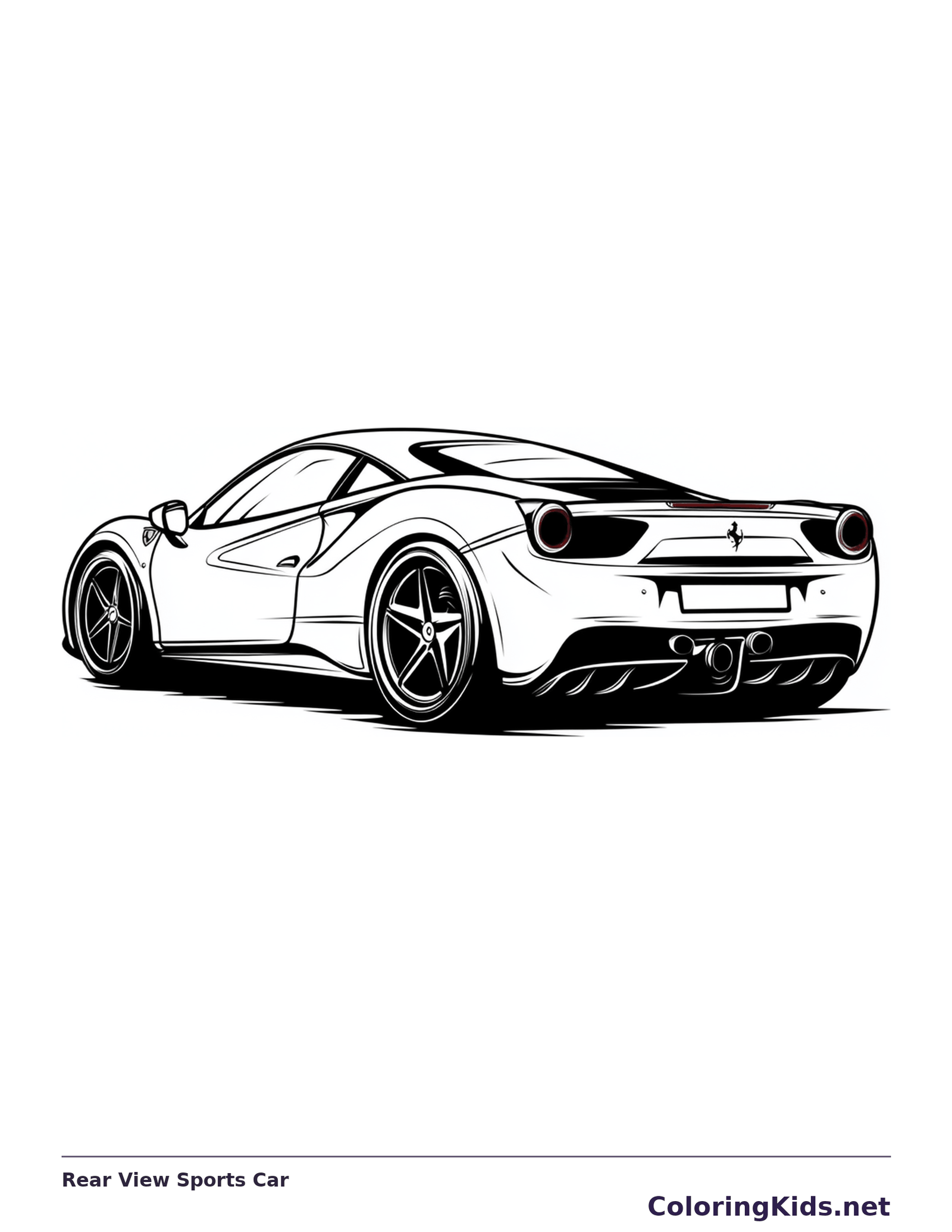Black and white printable rear view sports car coloring sheet