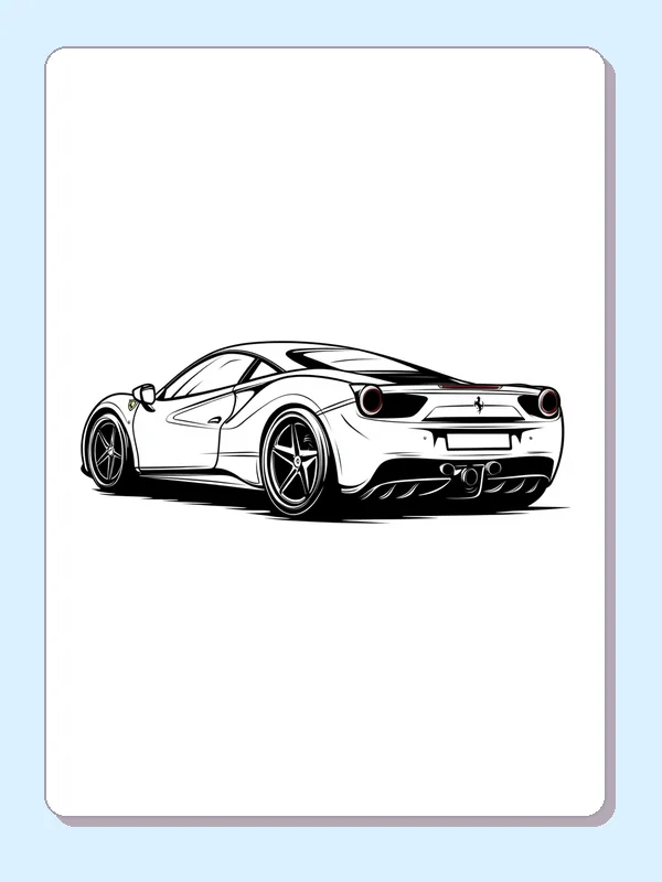 Black and white printable rear view sports car coloring sheet