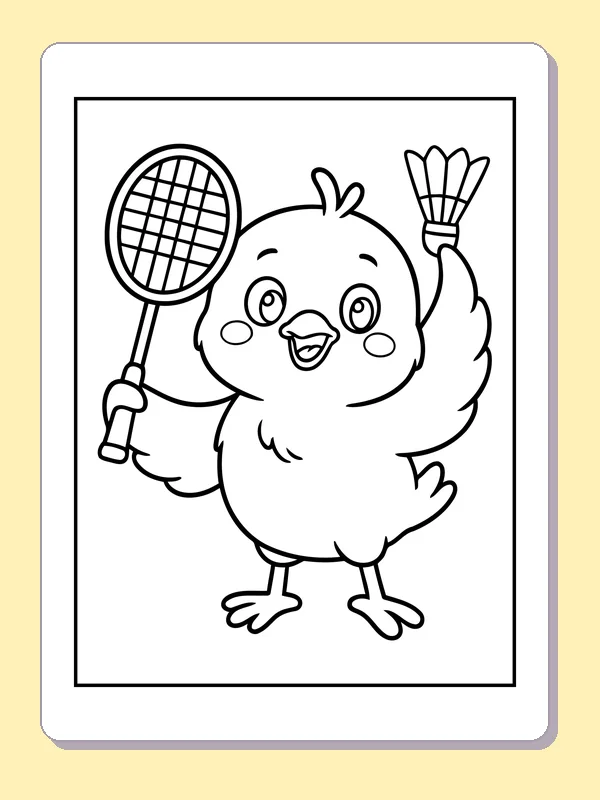 Black and white printable badminton chick coloring sheet
