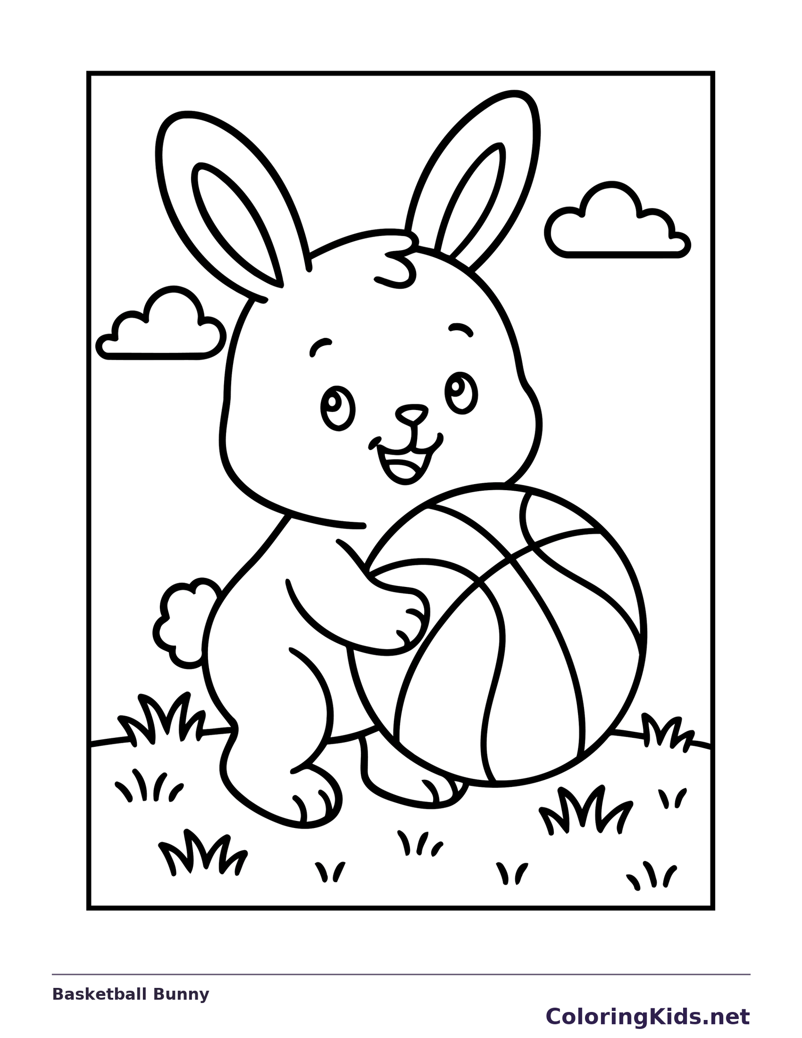 Black and white printable basketball bunny coloring sheet