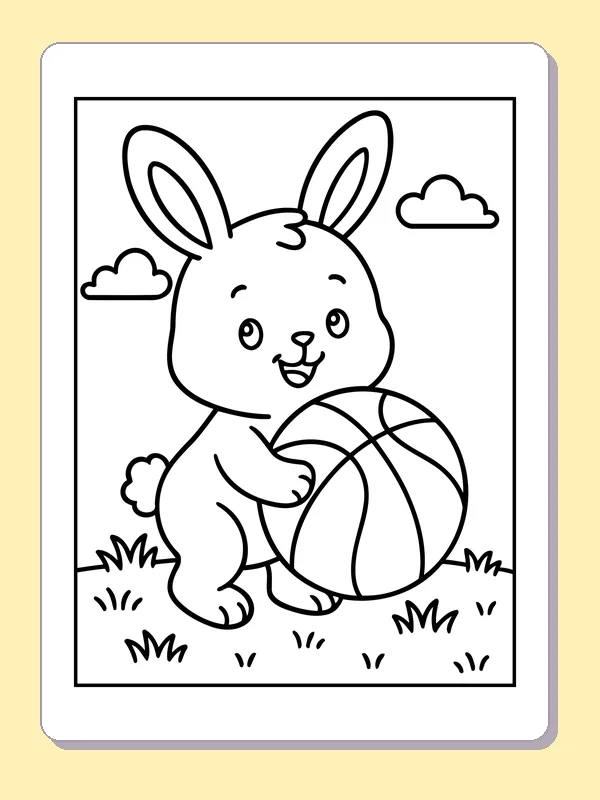Black and white printable basketball bunny coloring sheet