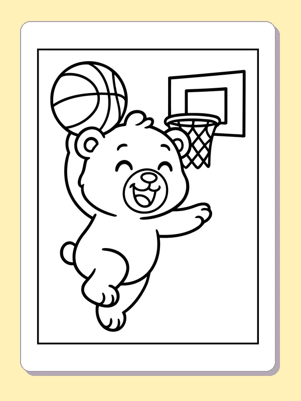Black and white printable bear at basketball hoop coloring sheet