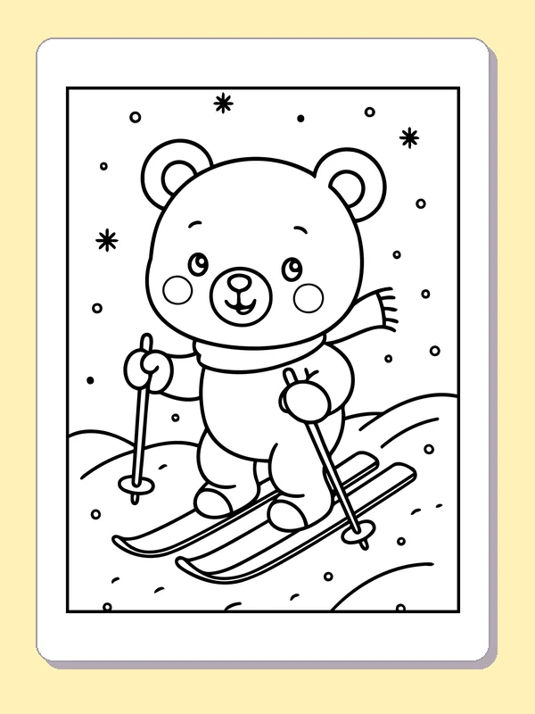 Black and white printable bear on skis coloring sheet