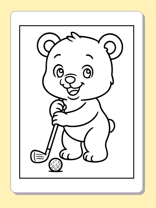 Black and white printable bear playing golf coloring sheet