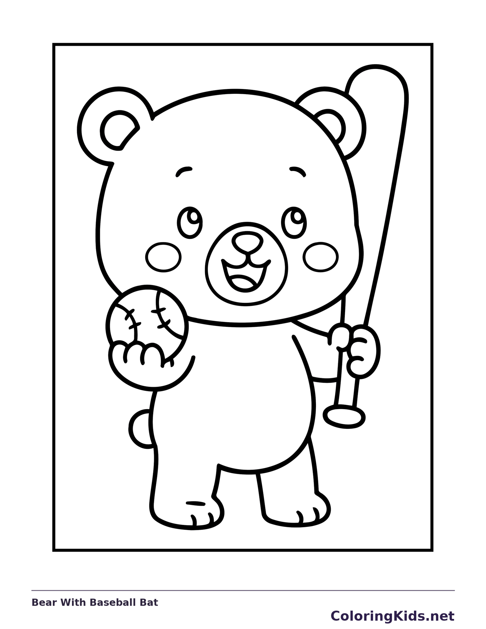 Black and white printable bear with baseball bat coloring sheet