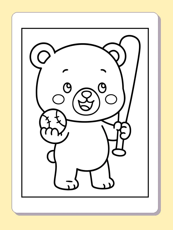 Black and white printable bear with baseball bat coloring sheet