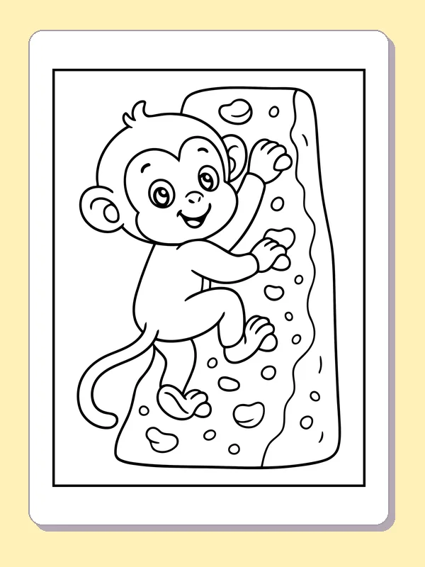 Black and white printable monkey climbing wall coloring sheet