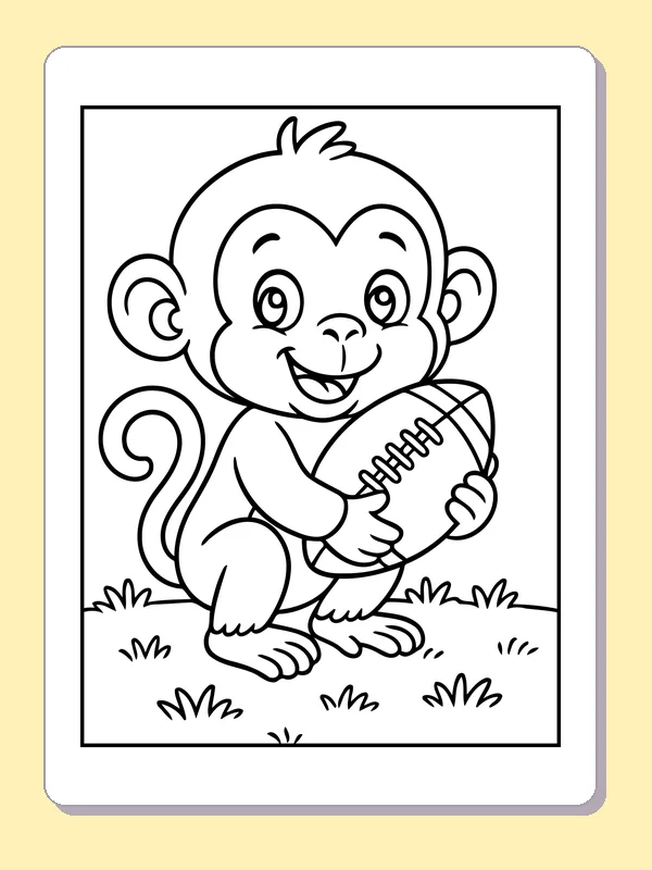 Black and white printable monkey with football coloring sheet