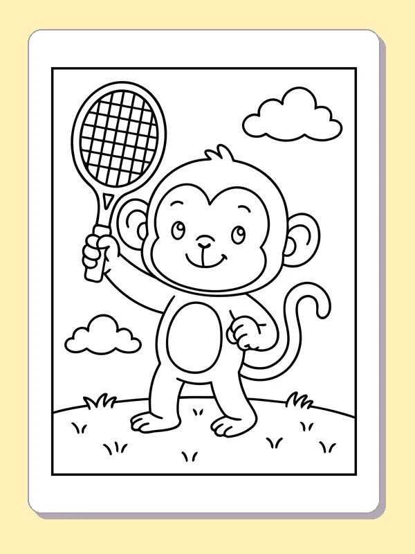Black and white printable monkey with tennis racket coloring sheet