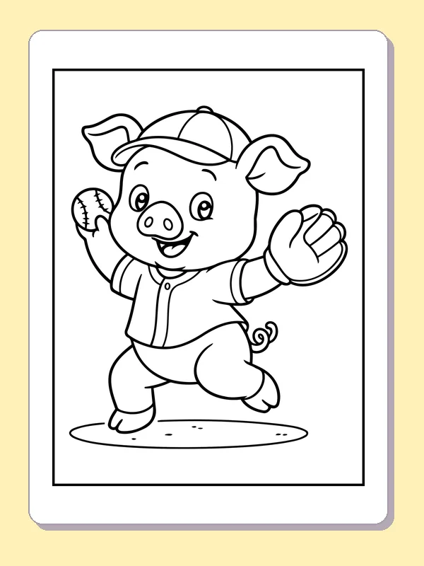 Black and white printable piglet baseball catch coloring sheet