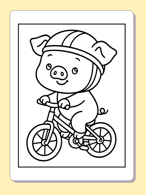 Black and white printable piglet on bicycle coloring sheet