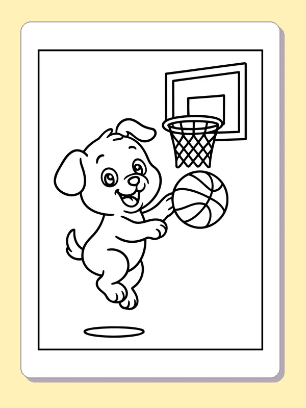 Black and white printable puppy basketball shot coloring sheet