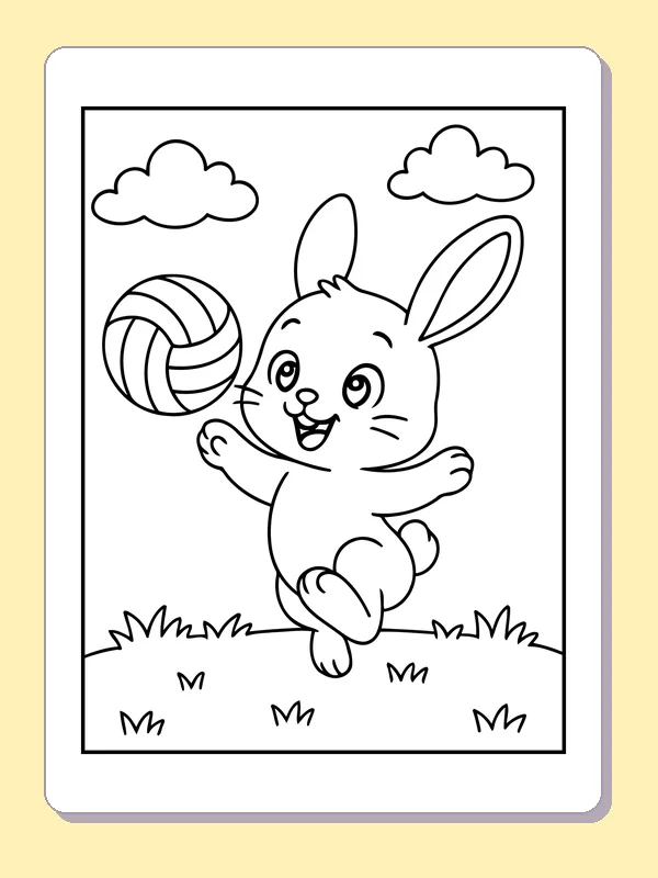 Black and white printable rabbit with volleyball coloring sheet