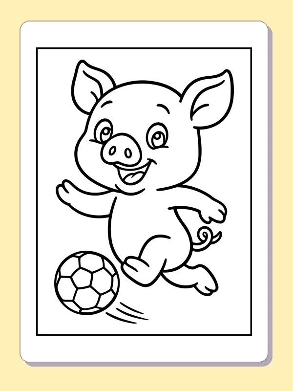 Black and white printable running soccer piglet coloring sheet