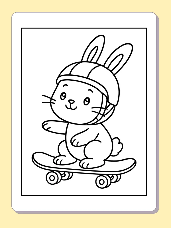 Black and white printable skateboarding rabbit coloring sheet