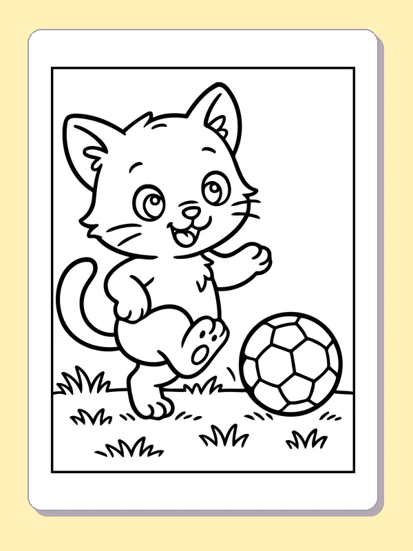 Black and white printable soccer kitten coloring sheet
