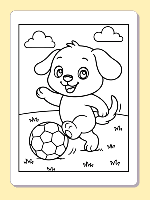 Black and white printable soccer puppy coloring sheet