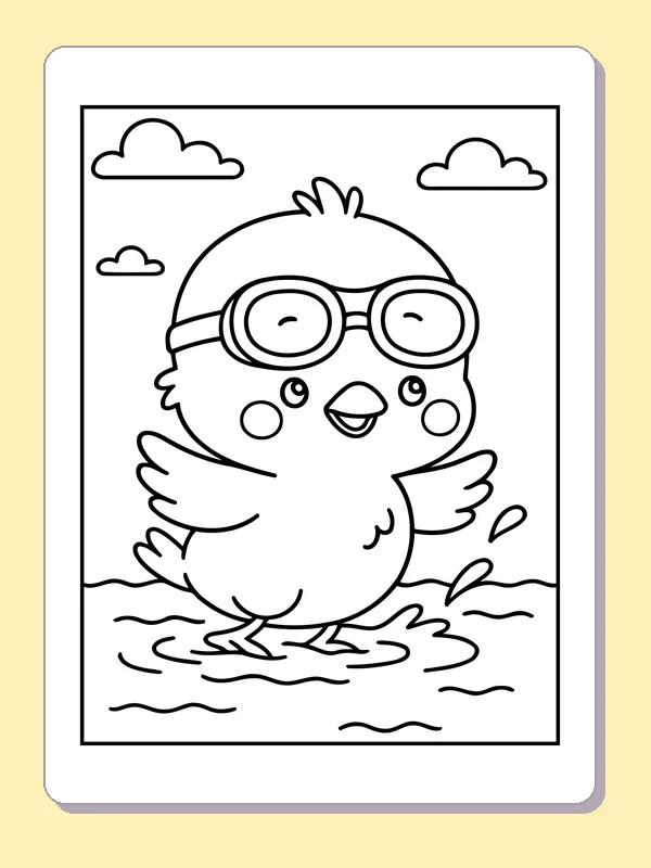 Black and white printable swimming chick coloring sheet