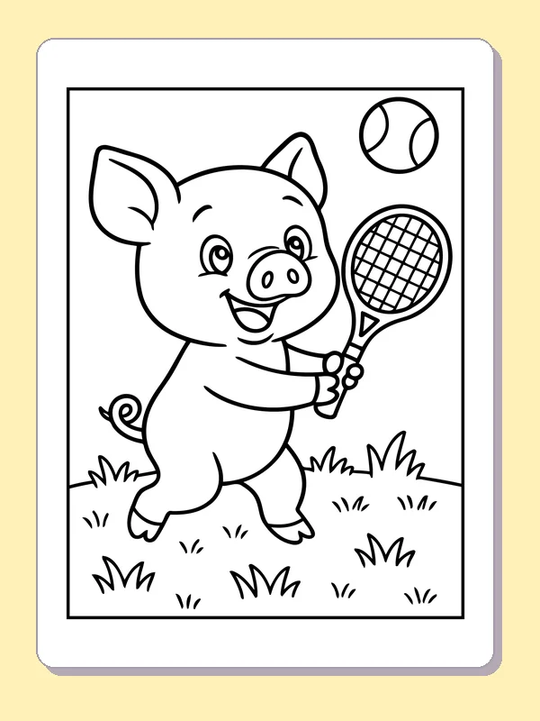 Black and white printable tennis piglet coloring sheet