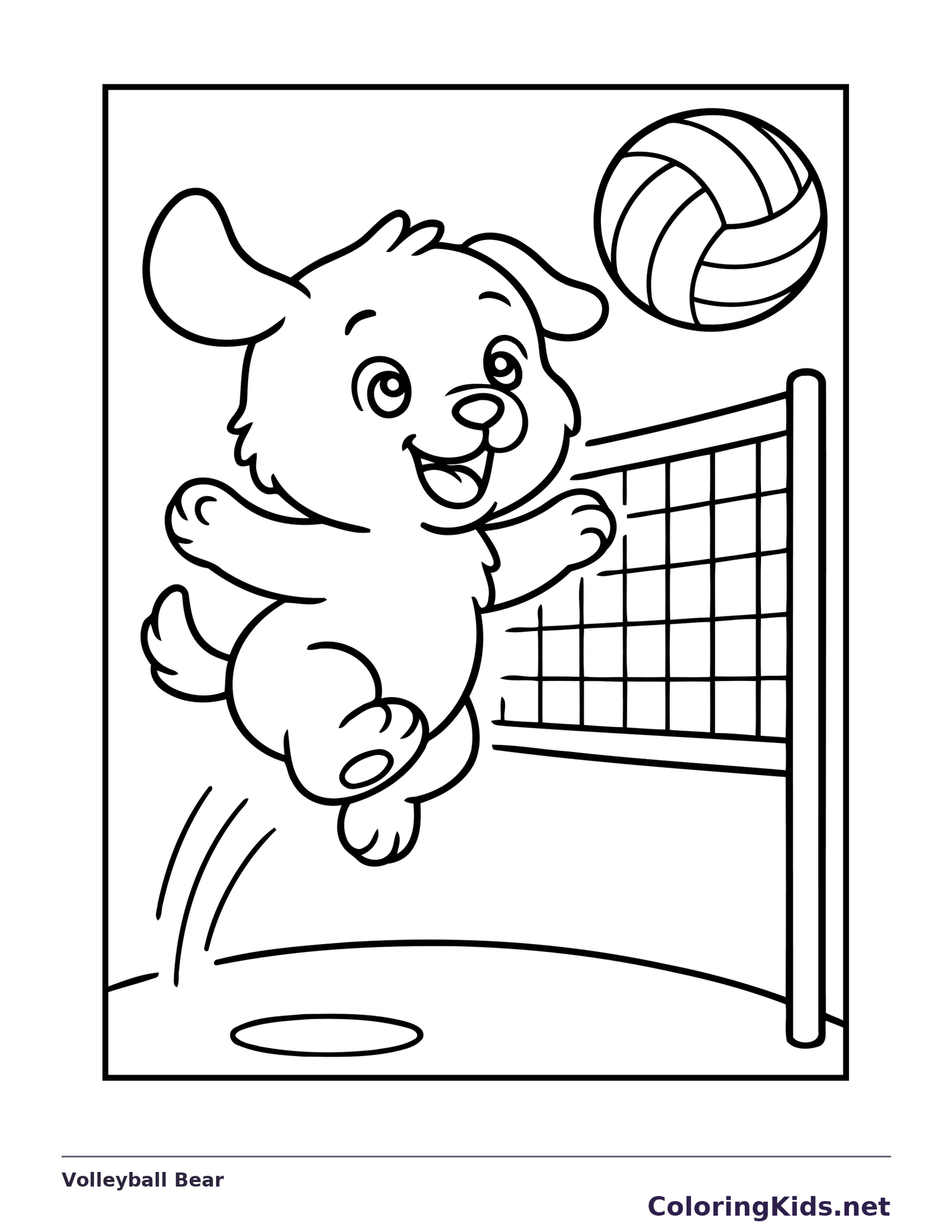 Black and white printable volleyball bear coloring sheet