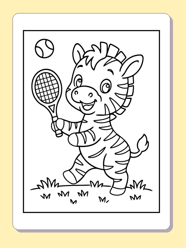 Black and white printable zebra with tennis racket coloring sheet