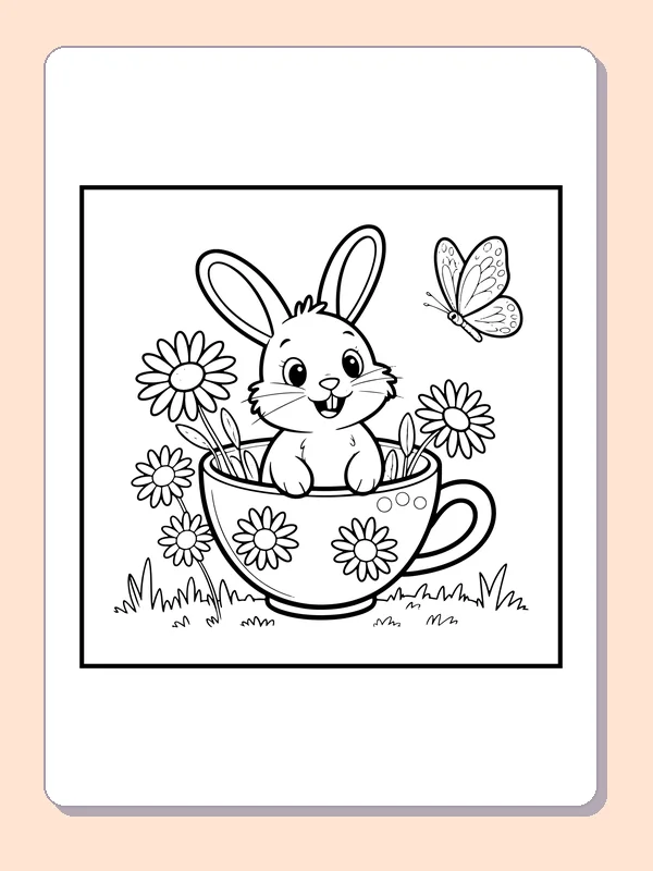 Black-and-white spring coloring page of bunny in a daisy teacup: A rabbit sits inside a large teacup printed with daisies, with more flowers and a butterfly nearby.