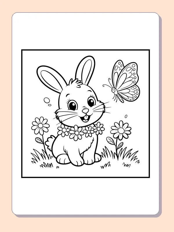 Black-and-white spring coloring page of bunny wearing a flower necklace: A rabbit wears a necklace of small flowers while a butterfly and daisies fill the garden.