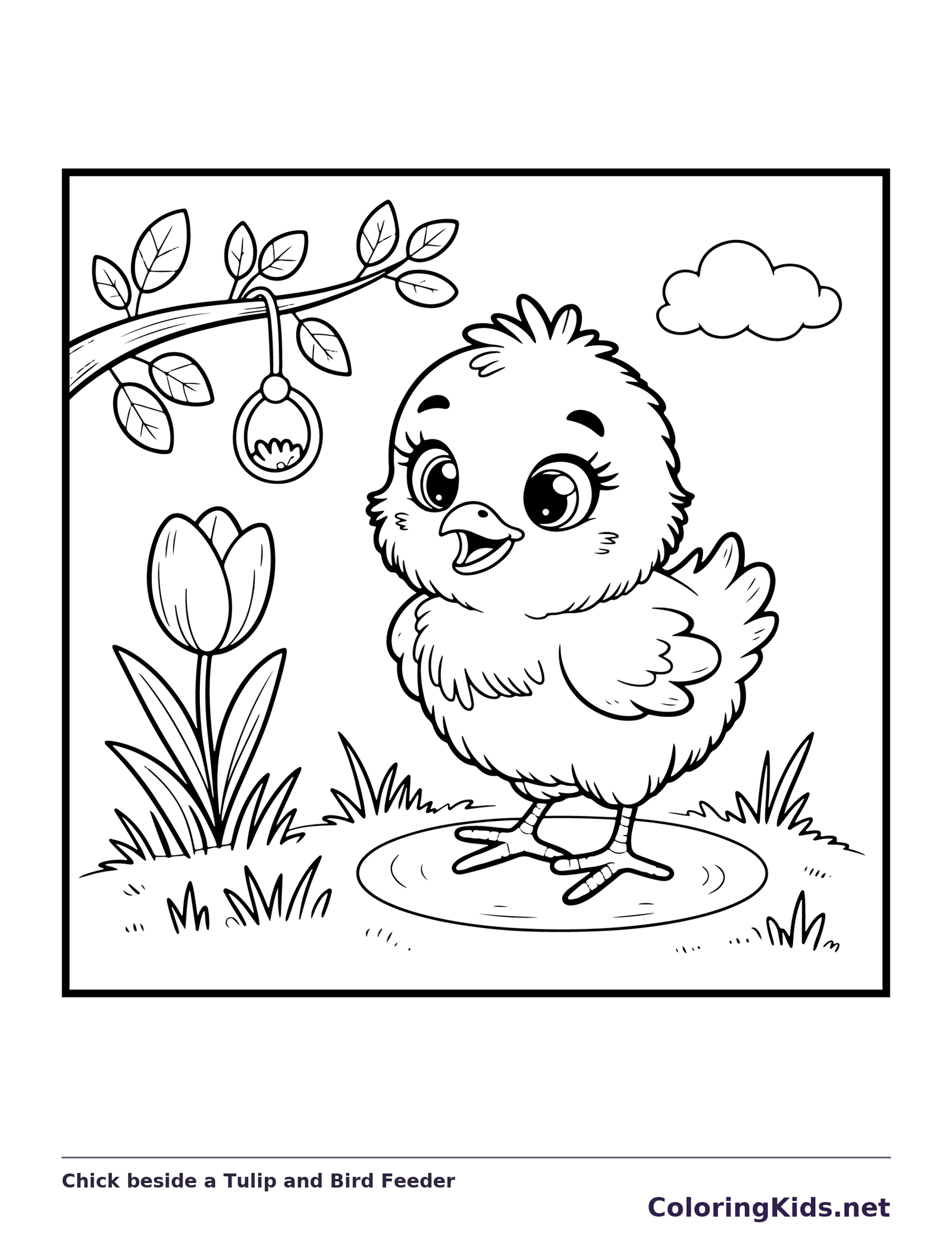 Black-and-white spring coloring page of chick beside a tulip and bird feeder: A chick stands beside one tulip beneath a leafy branch and hanging bird feeder.