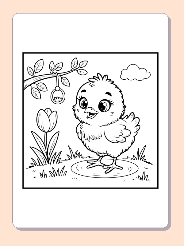 Black-and-white spring coloring page of chick beside a tulip and bird feeder: A chick stands beside one tulip beneath a leafy branch and hanging bird feeder.