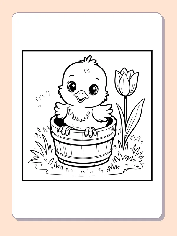 Black-and-white spring coloring page of chick sitting in a wooden planter: A large-eyed chick sits in a barrel-like wooden planter beside one tall tulip.