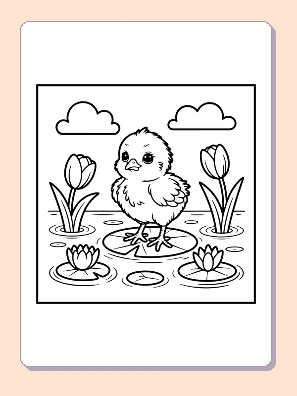 Black-and-white spring coloring page of chick in a tulip pond: A chick stands in shallow water between two tulips, with lily pads and clouds nearby.
