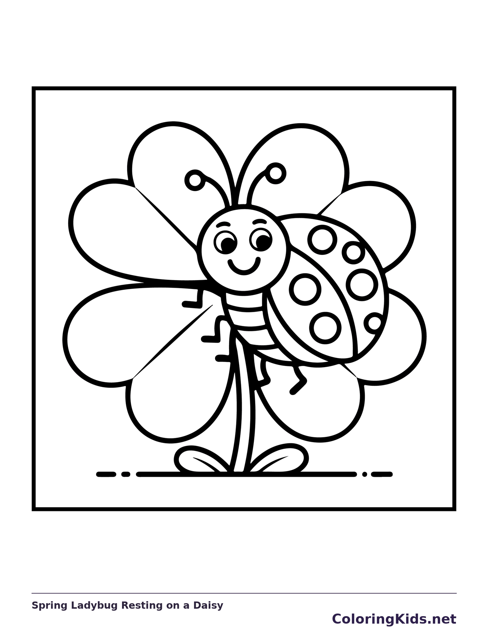 Printable spring coloring page with a ladybug resting on a large daisy