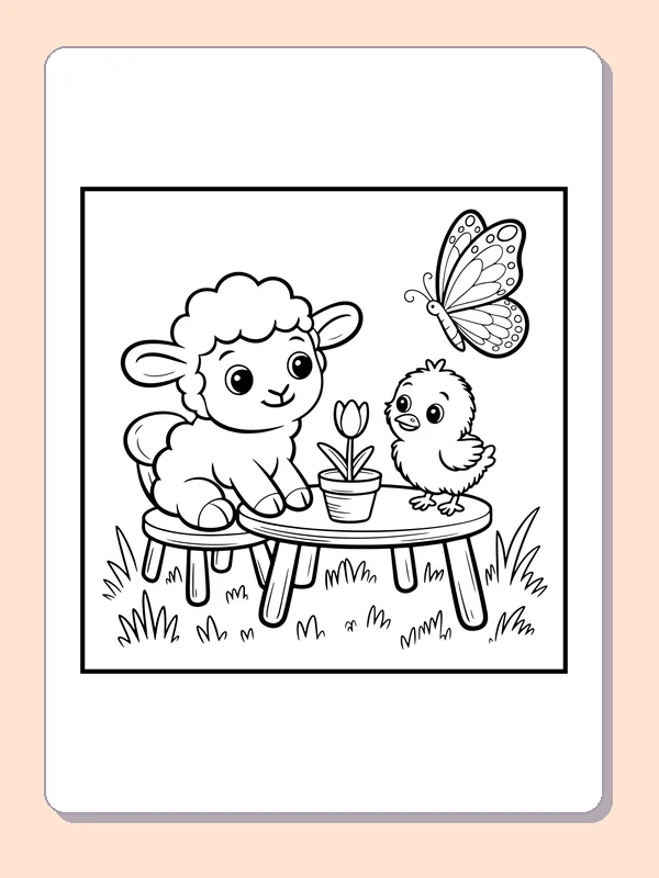Black-and-white spring coloring page of lamb and chick at a garden table: A lamb and chick face each other over a small table holding a potted tulip.