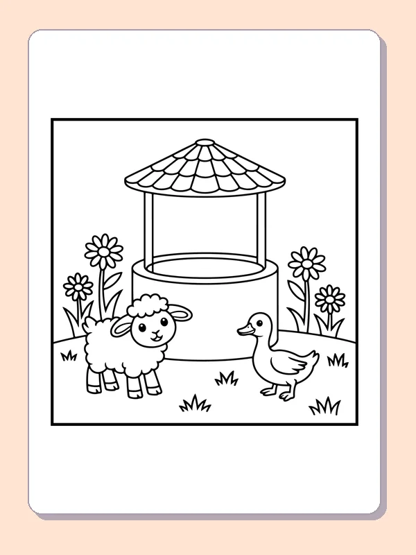 Black-and-white spring coloring page of lamb and duck by a garden well: A lamb and duck stand on either side of a round garden well with a tiled roof.