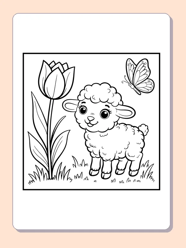 Black-and-white spring coloring page of lamb beside a tall tulip and butterfly: A lamb stands beside a tall tulip while a patterned butterfly hovers above.