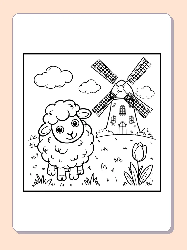 Black-and-white spring coloring page of lamb near a windmill and tulip: A lamb stands before a windmill under small clouds, with one tulip in the grass.