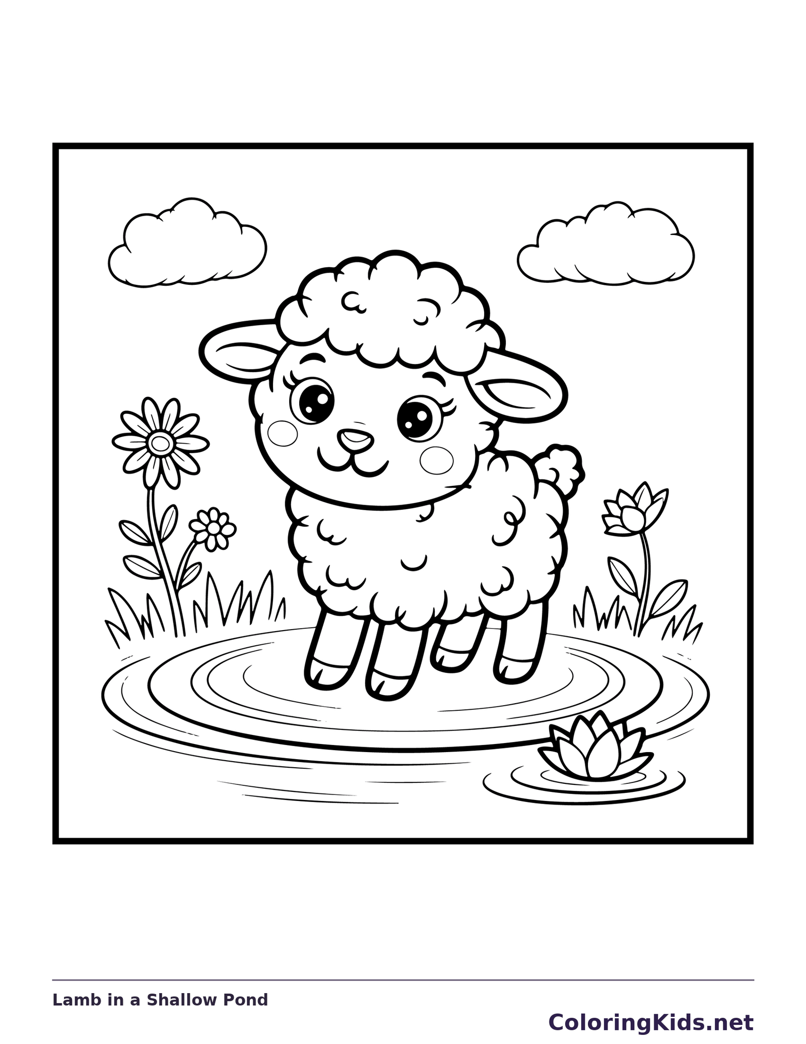 Black-and-white spring coloring page of lamb in a shallow pond: A fluffy lamb stands in shallow rippling water with flowers and clouds around it.