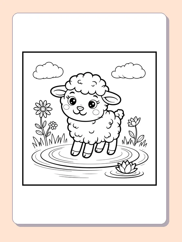 Black-and-white spring coloring page of lamb in a shallow pond: A fluffy lamb stands in shallow rippling water with flowers and clouds around it.