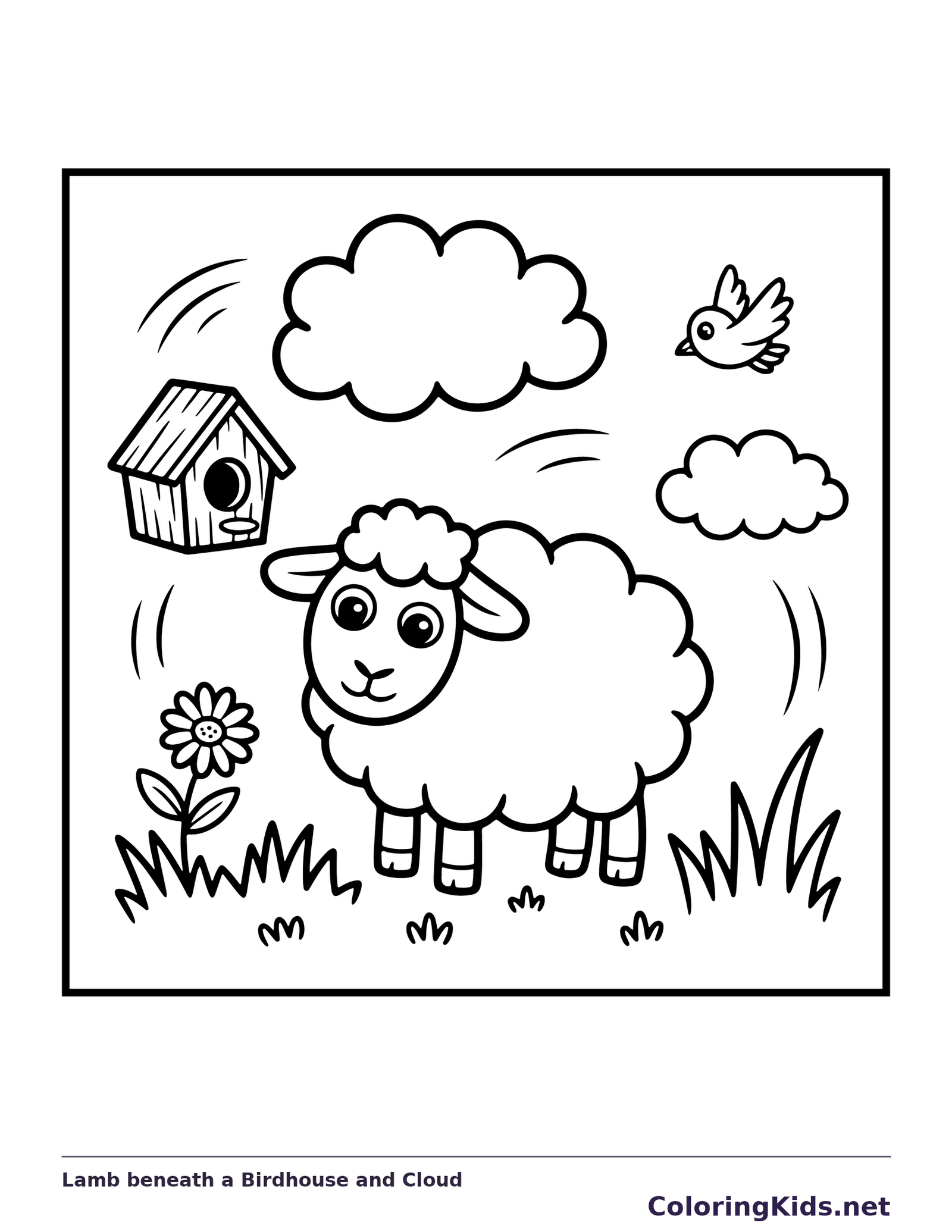Black-and-white spring coloring page of lamb beneath a birdhouse and cloud: A young lamb stands under a hanging birdhouse and puffy clouds, with a few flowers and grasses below.