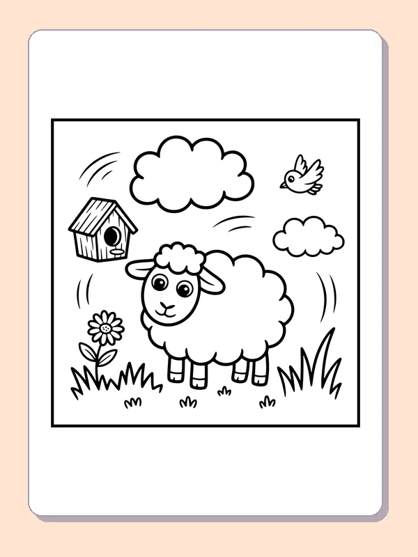 Black-and-white spring coloring page of lamb beneath a birdhouse and cloud: A young lamb stands under a hanging birdhouse and puffy clouds, with a few flowers and grasses below.