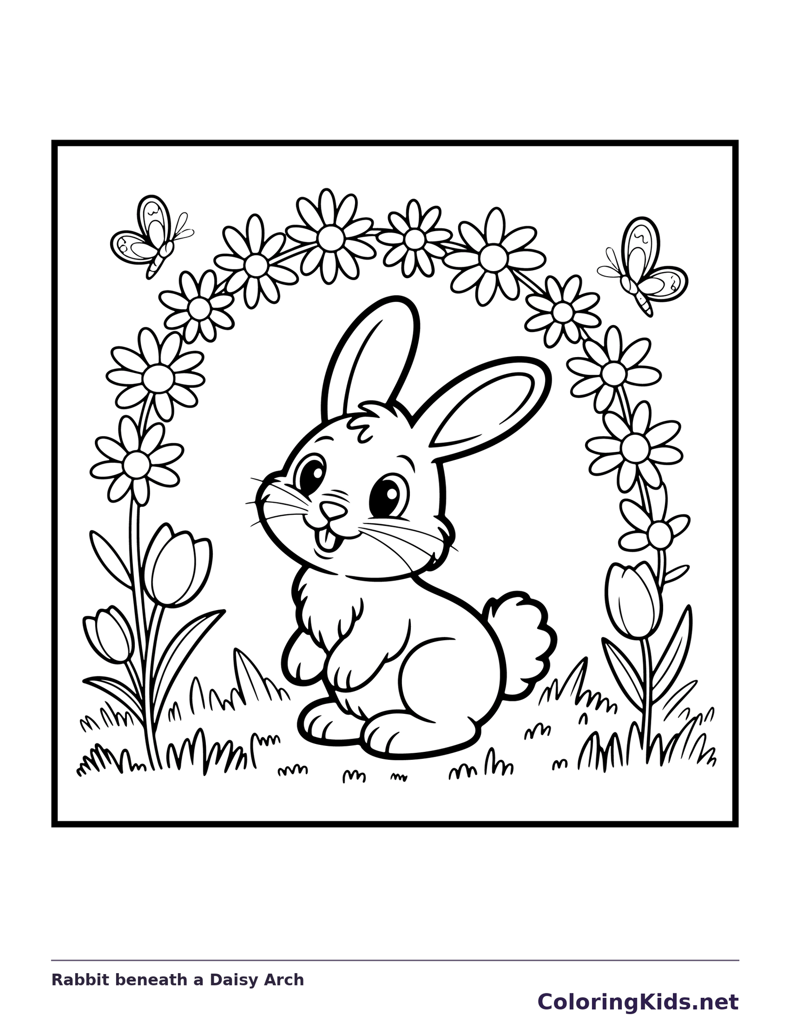 Black-and-white spring coloring page of rabbit beneath a daisy arch: A rabbit sits under an arch made from many daisies and leaves, with tulips on each side.